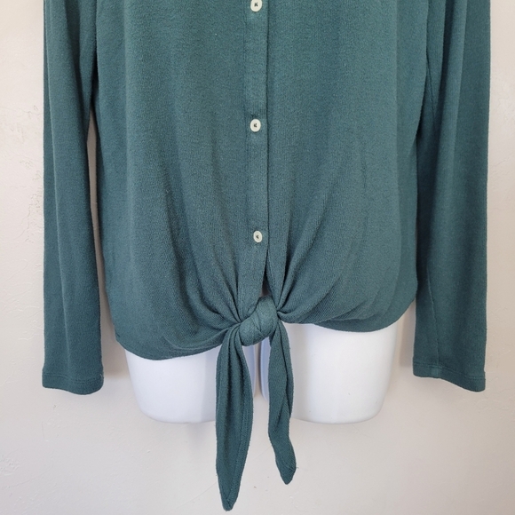 Loft Women's XS Teal Blue Green Long Sleeve Shirt Button Front Knot V-neck Top - Picture 5 of 8